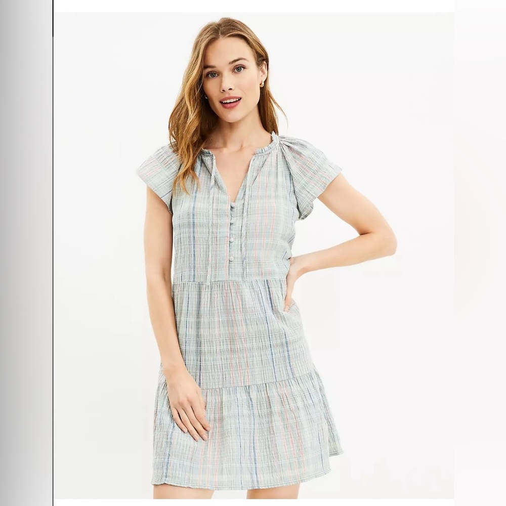 Petite Plaid Tie Neck Tiered Swing Dress